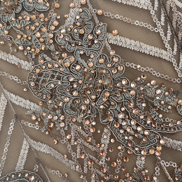 Ieena Mac Duggal - Embellished Illusion Long Sleeve Taupe A-line Gown - Picture 12 of 17